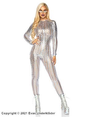 Costume catsuit, metallic nylon, zipper, long sleeves, laser cut circles